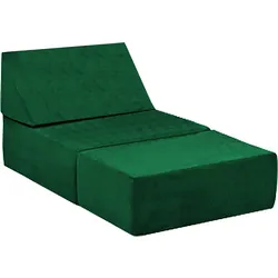 Green foldable floor lounger with adjustable backrest and thick cushions.