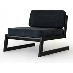 Modern black lounge chair with angular metal frame and cushioned seat.