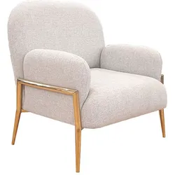 Light beige upholstered armchair with slim gold metal legs.