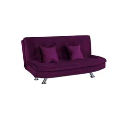 Purple futon sofa with chrome legs and matching throw pillows.