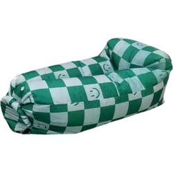 Green and white checkered inflatable lounger with built-in headrest.