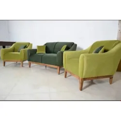 Modern green sofa set with wooden legs, including a dark green loveseat and light green armchairs