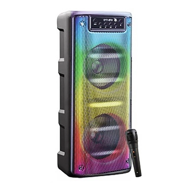 Portable Bluetooth party speaker with dual woofers, RGB lights, and microphone