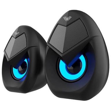 Gaming desktop speaker set with futuristic design and blue LED lighting