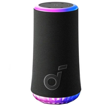 Soundcore cylindrical Bluetooth speaker with 360° sound and RGB lighting