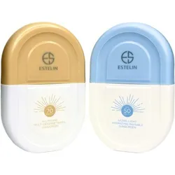 Estelin SPF 70 and SPF 50 sunscreens in yellow and blue bottles