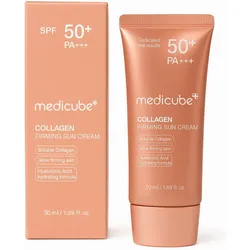 Medicube Collagen Firming Sun Cream SPF 50+ PA+++ in peach tube