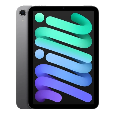 Space gray Apple iPad Mini with colorful abstract display design.