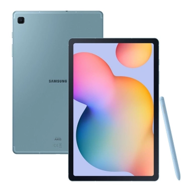 Samsung tablet in blue color with colorful screen and S Pen stylus.