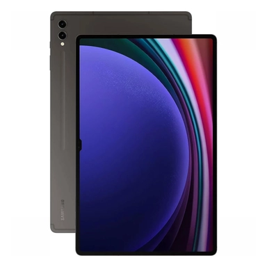 Samsung tablet with slim bezels and vibrant purple and red display.