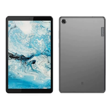 Lenovo tablet front and back view with marble screen wallpaper.