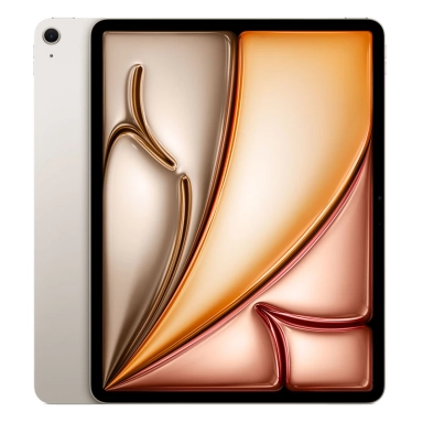 Apple iPad with abstract orange and gold wallpaper, front and back view.
