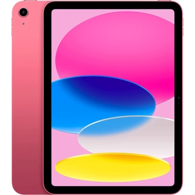 Pink Apple iPad with colorful abstract wallpaper, front and back view.