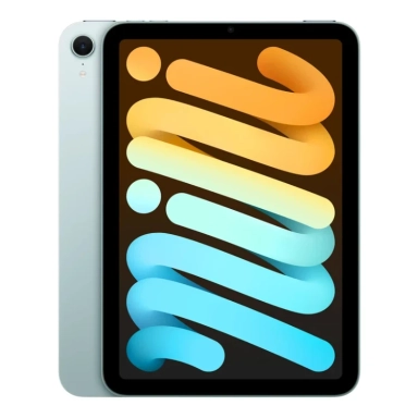 Apple iPad Mini with colorful ribbon wallpaper, front and back view.