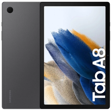 Samsung Galaxy Tab A8 tablet front and back view with display on.