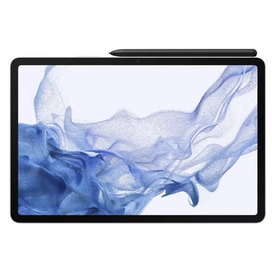 Samsung tablet with blue abstract wallpaper and stylus on top.