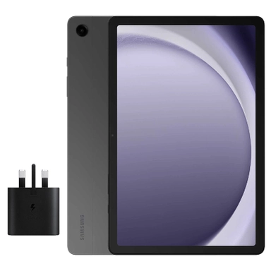 Samsung tablet with charger adapter, front and back view.