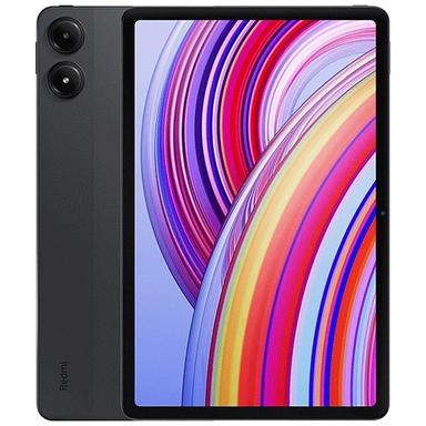 Redmi tablet with dual rear cameras and colorful striped wallpaper.