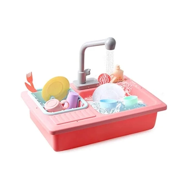  Toy kitchen sink playset with running water feature and colorful dishes.