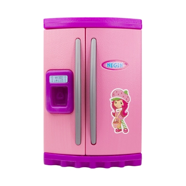 Pink toy refrigerator with cartoon character sticker and water dispenser for kids.