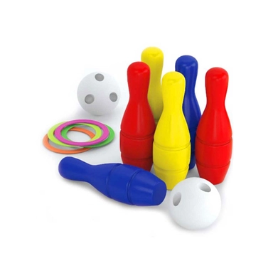 Colorful plastic bowling toy set with pins, balls, and rings for kids.