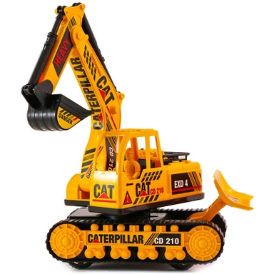 Yellow Caterpillar toy excavator with detailed design and movable parts for kids.