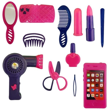 Kids’ pretend play beauty set including a toy hairdryer, mirror, comb, lipstick, scissors, and a fake phone in pink and purple colors.