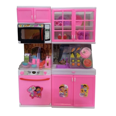 Pink toy kitchen playset for kids, featuring cabinets, microwave, sink, stove, and toy dishes decorated with Dora the Explorer stickers.