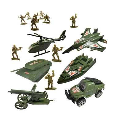 Set of green military toy vehicles and soldiers including a helicopter, jet, tank, jeep, boat, cannon, and army figures for pretend battle play.