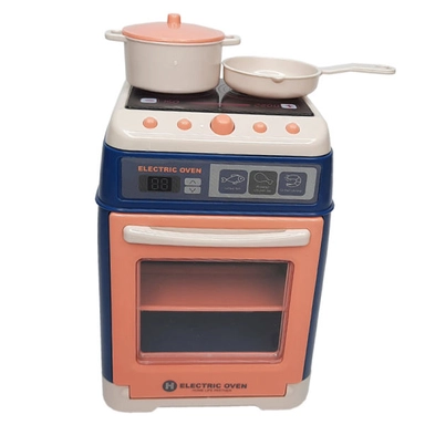 Toy electric oven set with stove, digital display, and small pots and pans for kids.