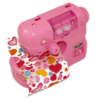 Pink toy sewing machine for kids with colorful heart-patterned fabric attached.