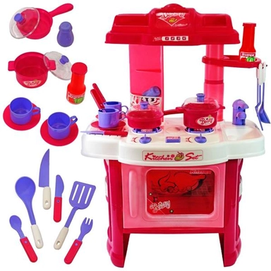 Colorful children's kitchen playset with stove, oven, utensils, cups, pots, and toy food accessories.