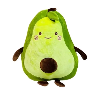 Cute avocado plush toy with a smiling face, brown pit, and soft green body.