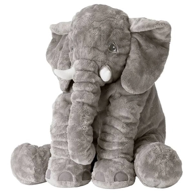 Soft gray elephant plush toy with large ears, tusks, and a cuddly, realistic design.