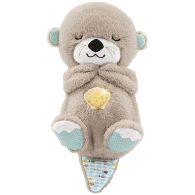 Cute plush otter toy with closed eyes and a yellow heart on its chest.
