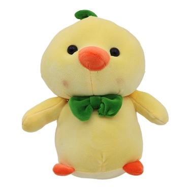Cute yellow plush chick with orange beak and green bow tie.