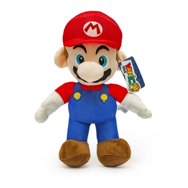 Plush Super Mario toy wearing red hat, blue overalls, and brown shoes.