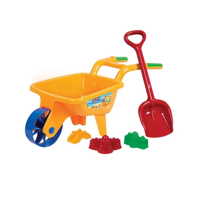 Colorful toy wheelbarrow set with red shovel and sand molds.