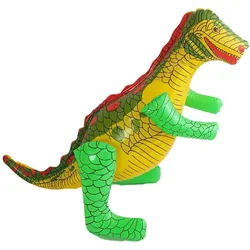 Inflatable green and yellow dinosaur toy with red details and scales.