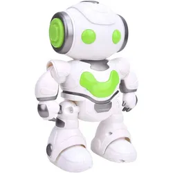 White and green toy robot with black details and round head.