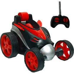 Red and black remote control stunt car with handheld controller.