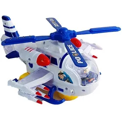Blue and white toy police helicopter with red details and spinning blades.