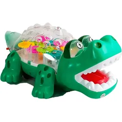 Green toy crocodile with open mouth and colorful gears inside its body.