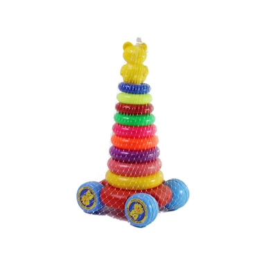 Colorful stacking ring toy with bear topper and blue wheels.