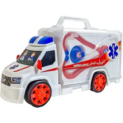 White toy ambulance truck with red accents and transparent medical equipment compartment.
