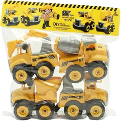 Set of yellow toy construction trucks including dump and cement vehicles.