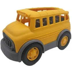 Yellow toy school bus with gray wheels and open windows.