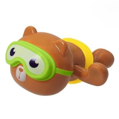 Brown swimming toy bear wearing green goggles and yellow float ring.