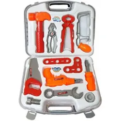 Toy tool set in a gray carrying case with hammer, drill, and wrench.