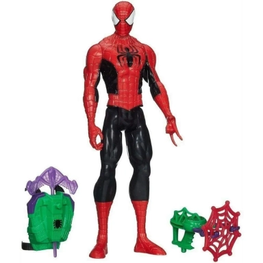 Spider-Man action figure with web accessories and green-purple gear.